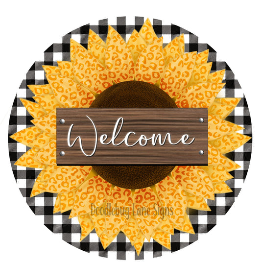 Welcome Wreath Sign-Yellow Orange-Leopard Print-Sunflower Welcome Sign-Buffalo Plaid-Round Sign-Metal Wreath Sign