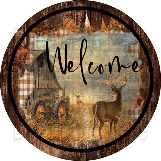 Welcome Wreath Sign-Deer Sign-Fall Sign-Farm Sign-Man Cave Sign-Metal Wreath Sign-Round Sign