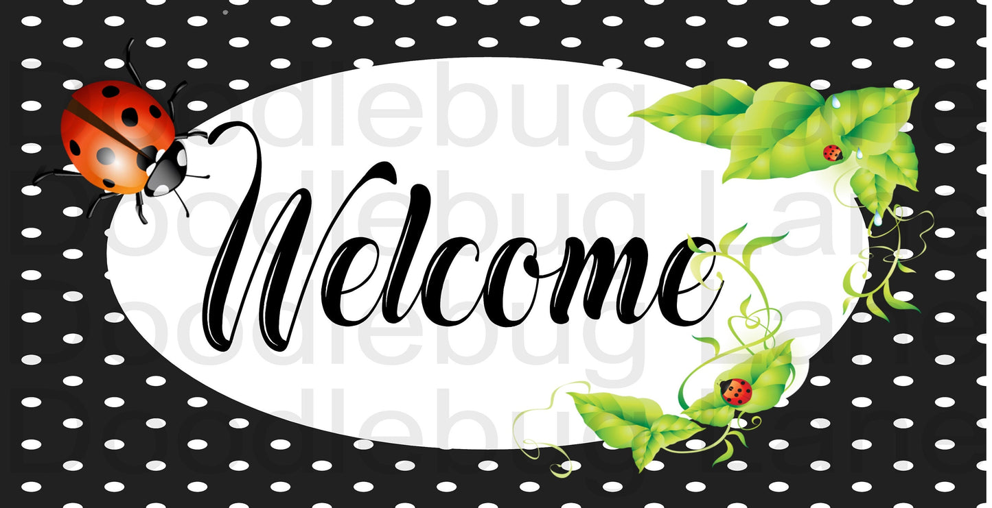 Welcome Wreath Sign - Ladybug Sign - Black With White Polka Dot - Metal Wreath Sign - Rectangle Sign