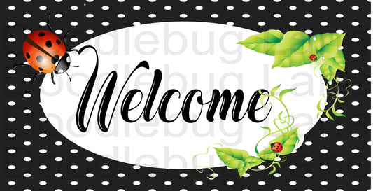 Welcome Wreath Sign - Ladybug Sign - Black With White Polka Dot - Metal Wreath Sign - Rectangle Sign