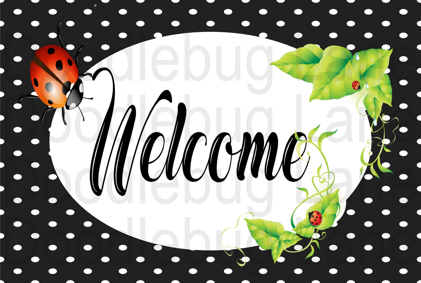 Welcome Wreath Sign - Ladybug Sign - Black With White Polka Dot - Metal Wreath Sign - Rectangle Sign