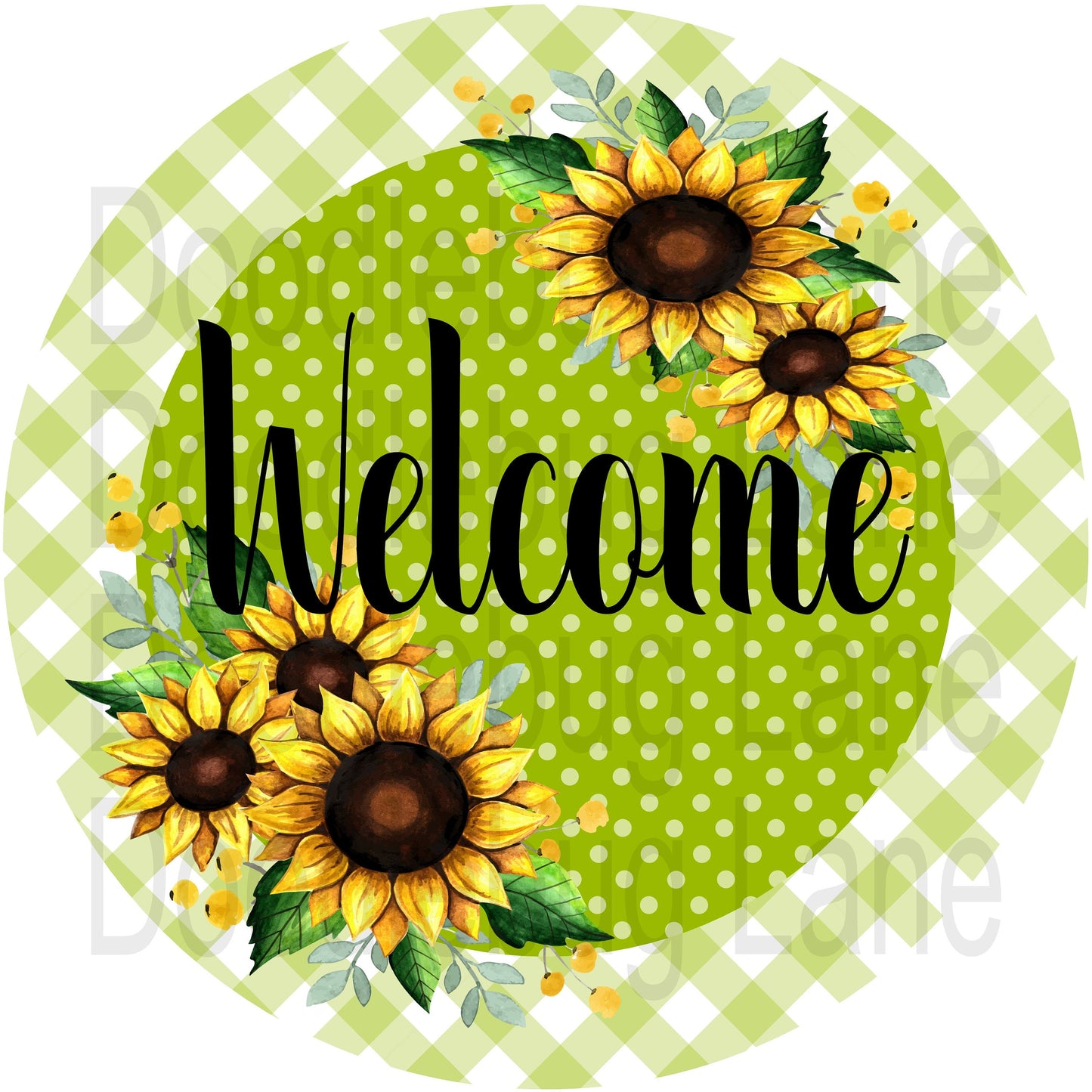 Sunflower Wreath Sign-Welcome Sign-Sunflower Sign-Round Sign-Green Plaid And Polka Dot-Metal Wreath Sign