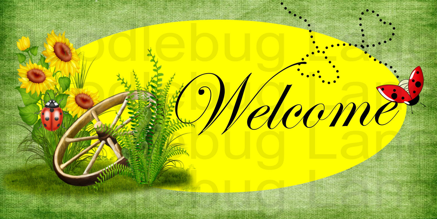 Welcome Wreath Sign - Ladybug Sign - Wagon Wheel - Rectangle Sign - Metal Wreath Sign