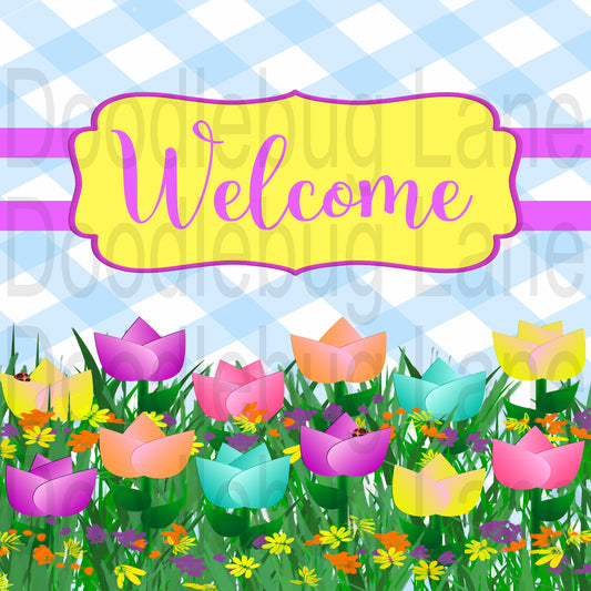 Spring Wreath Sign-Welcome Sign-Tulips-Spring Decor-Welcome Wreath Sign-Floral Sign-Metal Wreath Sign-Square Sign