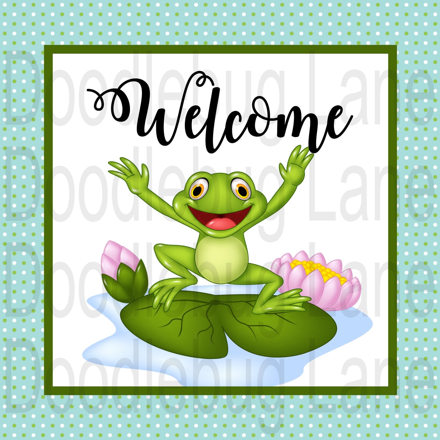 Welcome Wreath Sign-Frog On Lilypad-Frog Sign-Spring Sign-Blue And Green-Metal Wreath Sign-Square Sign