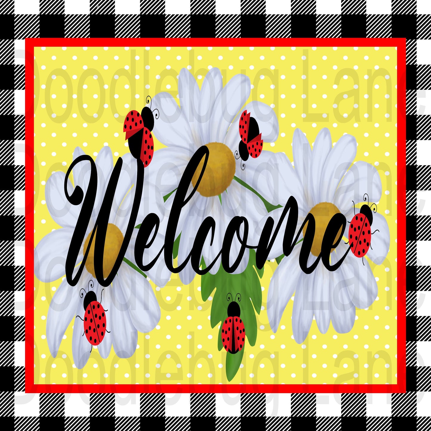 Ladybug Sign-Welcome Wreath Sign-Black And White Plaid-White Daisies-Metal Wreath Sign