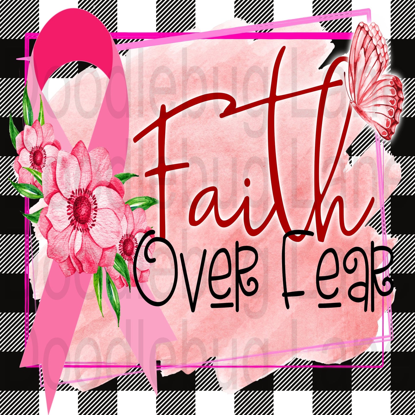 Breast Cancer Awareness Sign-Metal Wreath Sign-Buffalo Plaid and Pink-Faith Over Fear-Square Signs-Breast Cancer Wreath