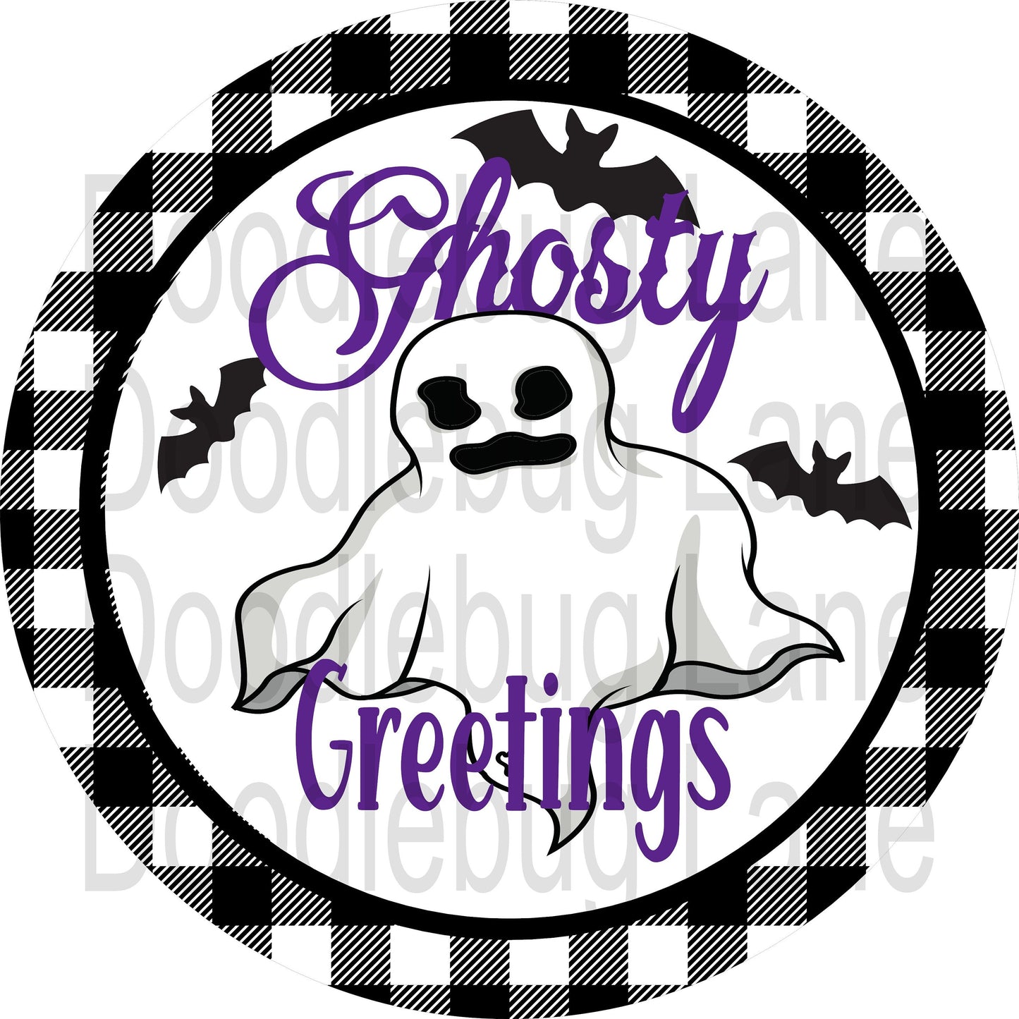 Halloween Wreath Sign -Metal Wreath Sign - Ghostly Greetings - Halloween Sign - Ghost Sign - Black Bats - Round Sign