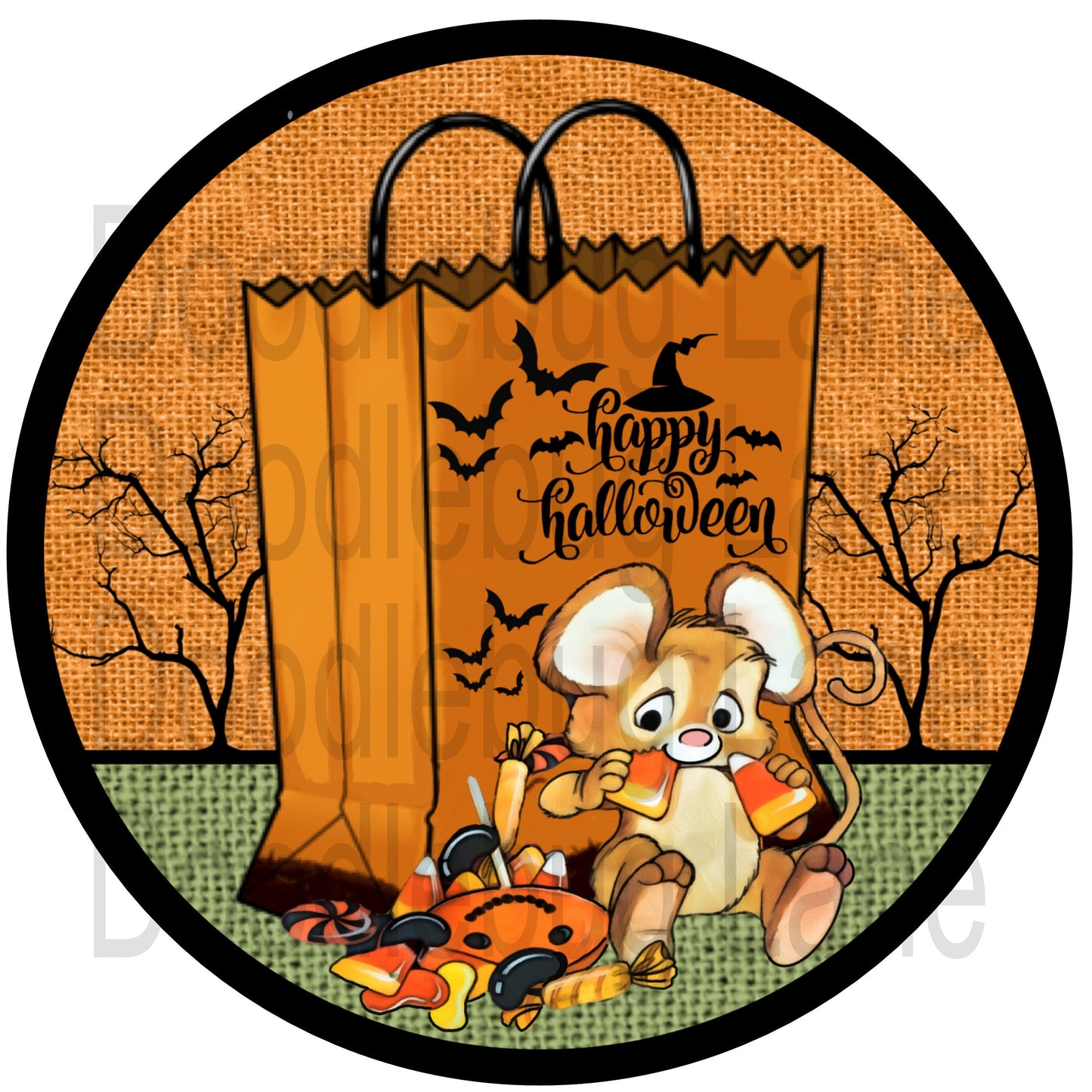 Halloween Wreath Sign - Halloween Mouse - Trick Or Treat Bag - Halloween Candy - Metal Wreath Sign - Round Sign