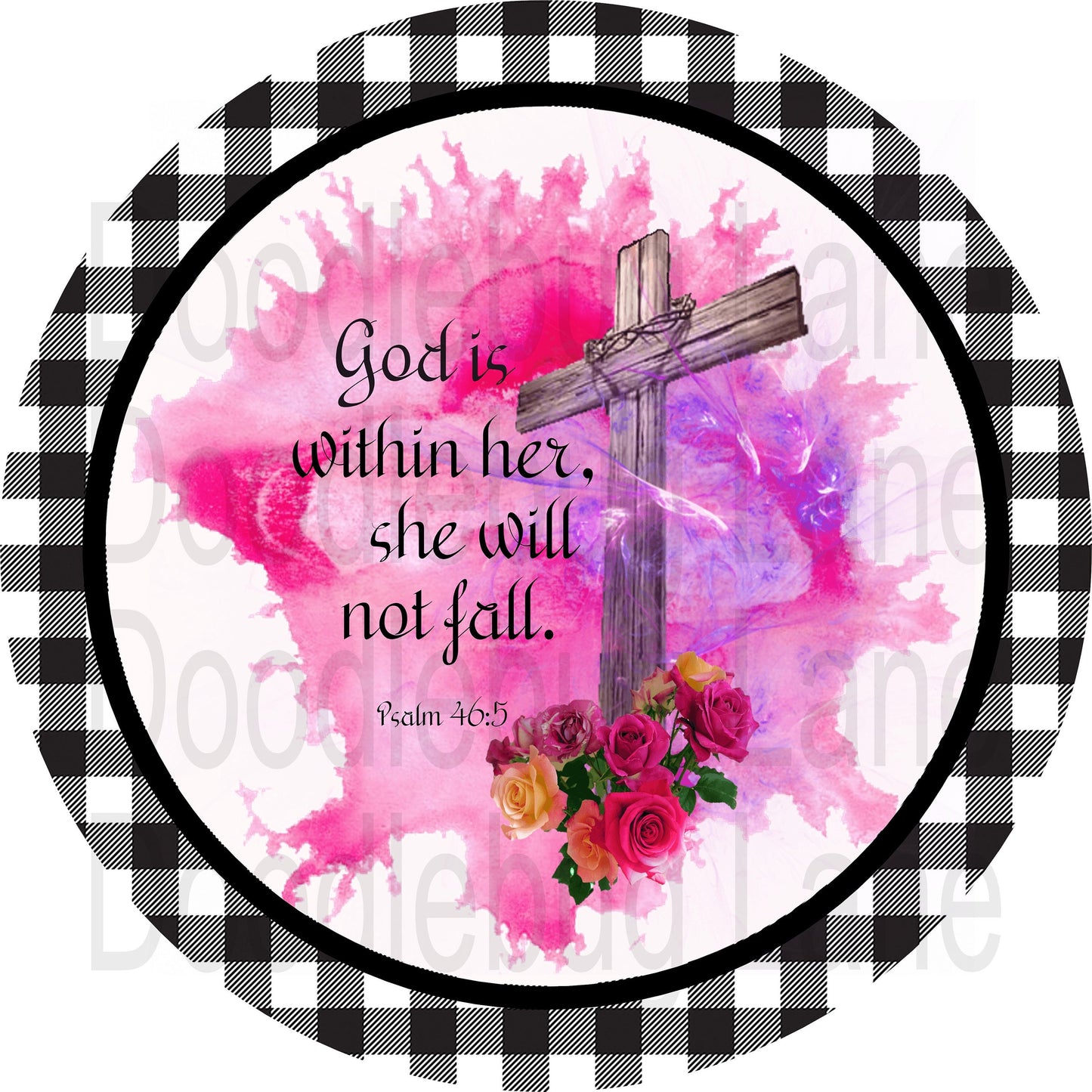 Inspirational Wreath Sign - God Is Within Her - Wooden Cross - Buffalo Plaid - Metal Wreath Sign - Round Sign