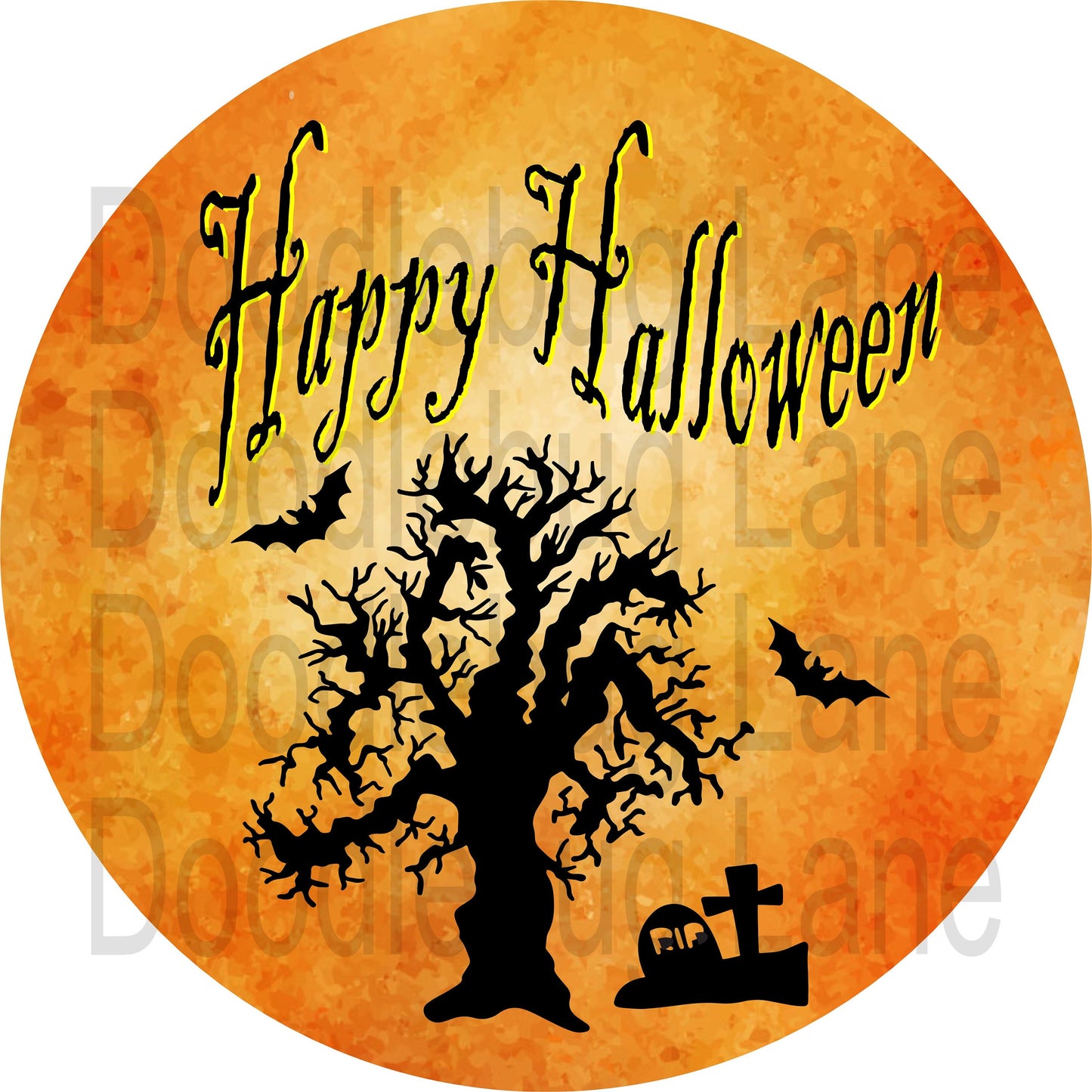 Halloween Wreath Sign-Happy Halloween-Black Bats-Graveyard-Orange And Black-Round Sign -Metal Wreath Sign