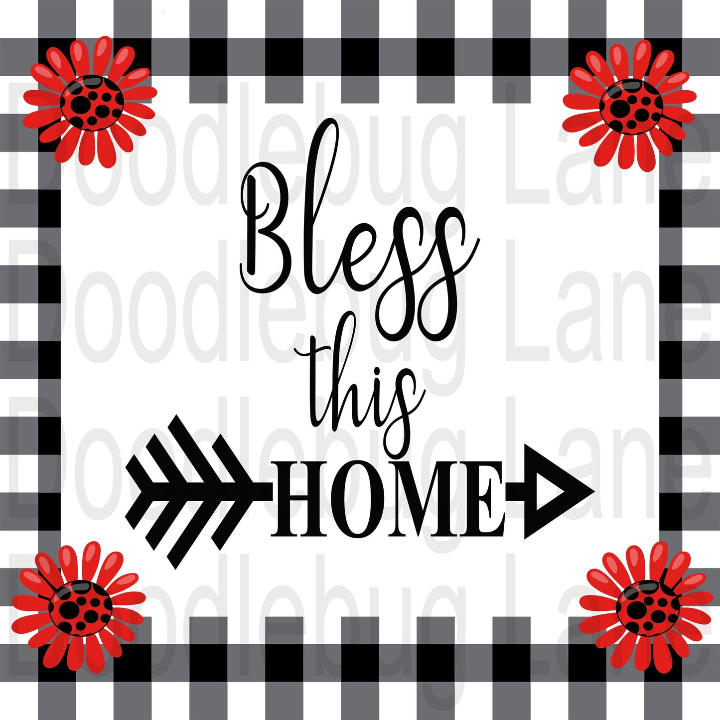 Bless This Home-Red Daisies-Black Buffalo Plaid-Farmhouse Sign-Rectangle Sign-Metal Wreath Sign