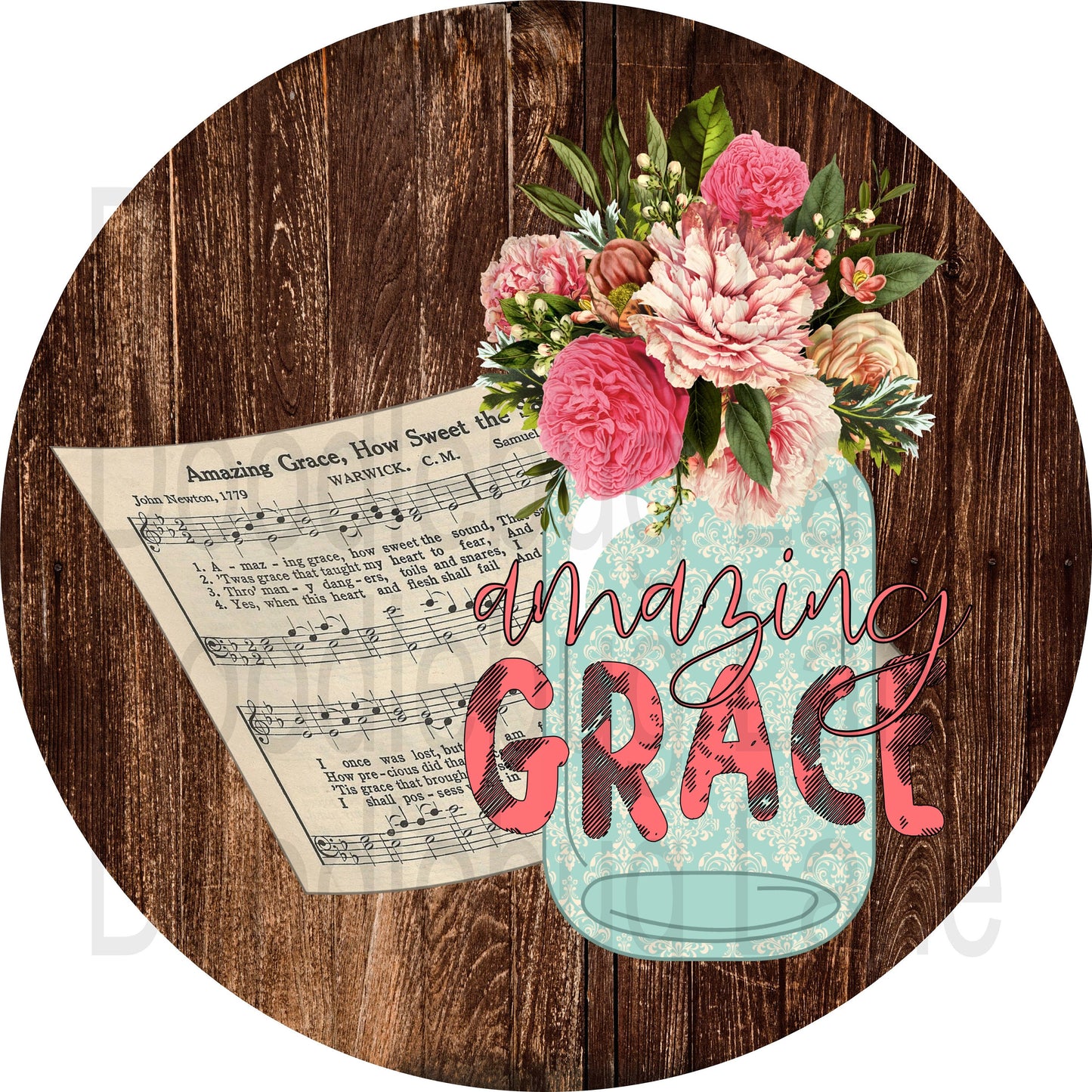 Amazing Grace-Inspirational Wreath Sign-Religious Sign-Mason Jar-Floral Arrangement-Sheet Music-Metal Wreath Sign