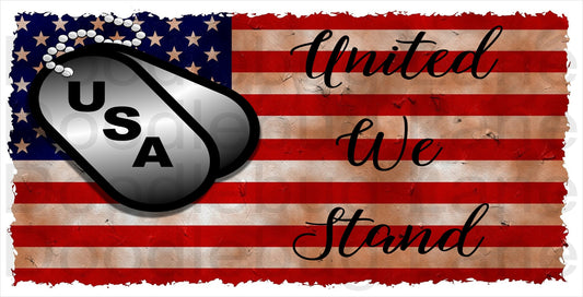 United We Stand- Patriotic Sign - Dog Tags - American Flag - Stars And Stripes - Rectangle Sign - Metal Wreath Sign