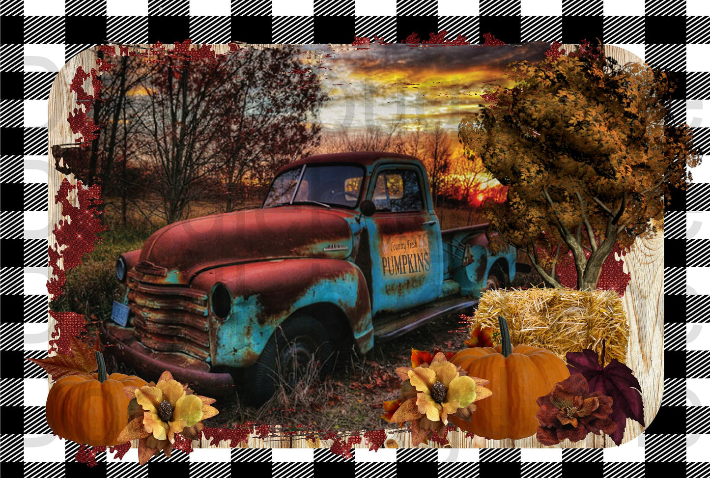 Fall Truck-Vintage Truck Sign-Fall Wreath Sign-Pumpkin Sign-Buffalo Plaid-Metal Wreath Sign-Rectangle Sign