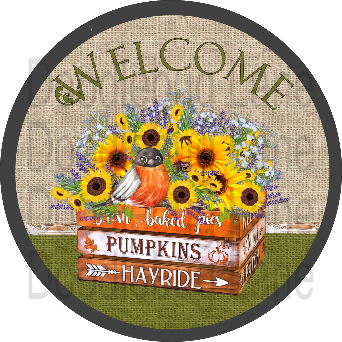 Fall Wreath Sign-Sunflower Sign-Floral Sign-Metal Wreath Sign-Fresh Baked Pies-Pumpkins-Hayrides- Round Sign