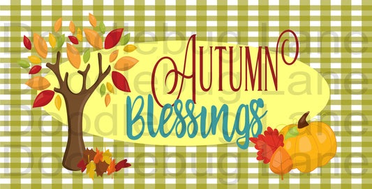 Fall Wreath Sign-Autumn Blessings-Pumpkins And Gourds-Olive Green Gingham Check-Rectangle Sign-Metal Wreath Sign