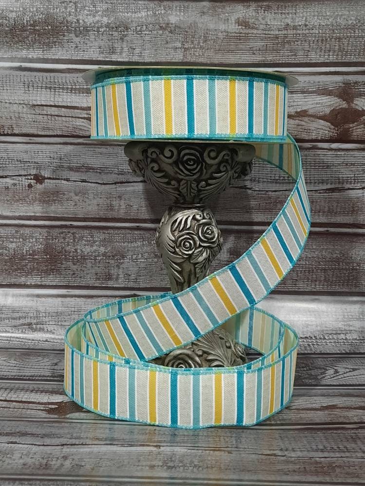 Wired Ribbon - Striped Ribbon - Spring Ribbon - Blue And Yellow Stripes - 1.5” x 5 yards - Easter Ribbon - All Occasion Ribbon