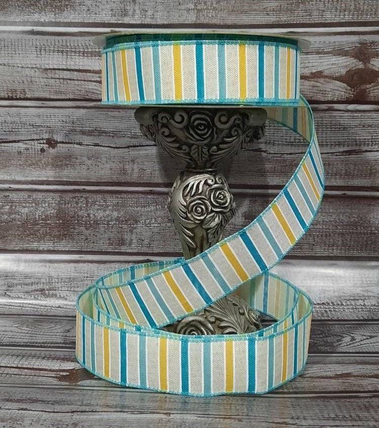 Wired Ribbon - Striped Ribbon - Spring Ribbon - Blue And Yellow Stripes - 1.5” x 5 yards - Easter Ribbon - All Occasion Ribbon