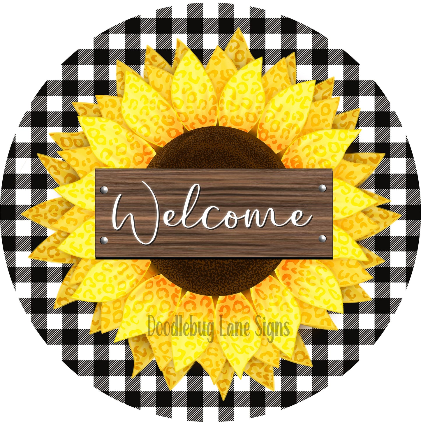 Welcome Wreath Sign-Sunflower Wreath Sign-Sunflower Sign-Round Sign-Yellow Sunflower-Leopard Print-Metal Wreath Sign