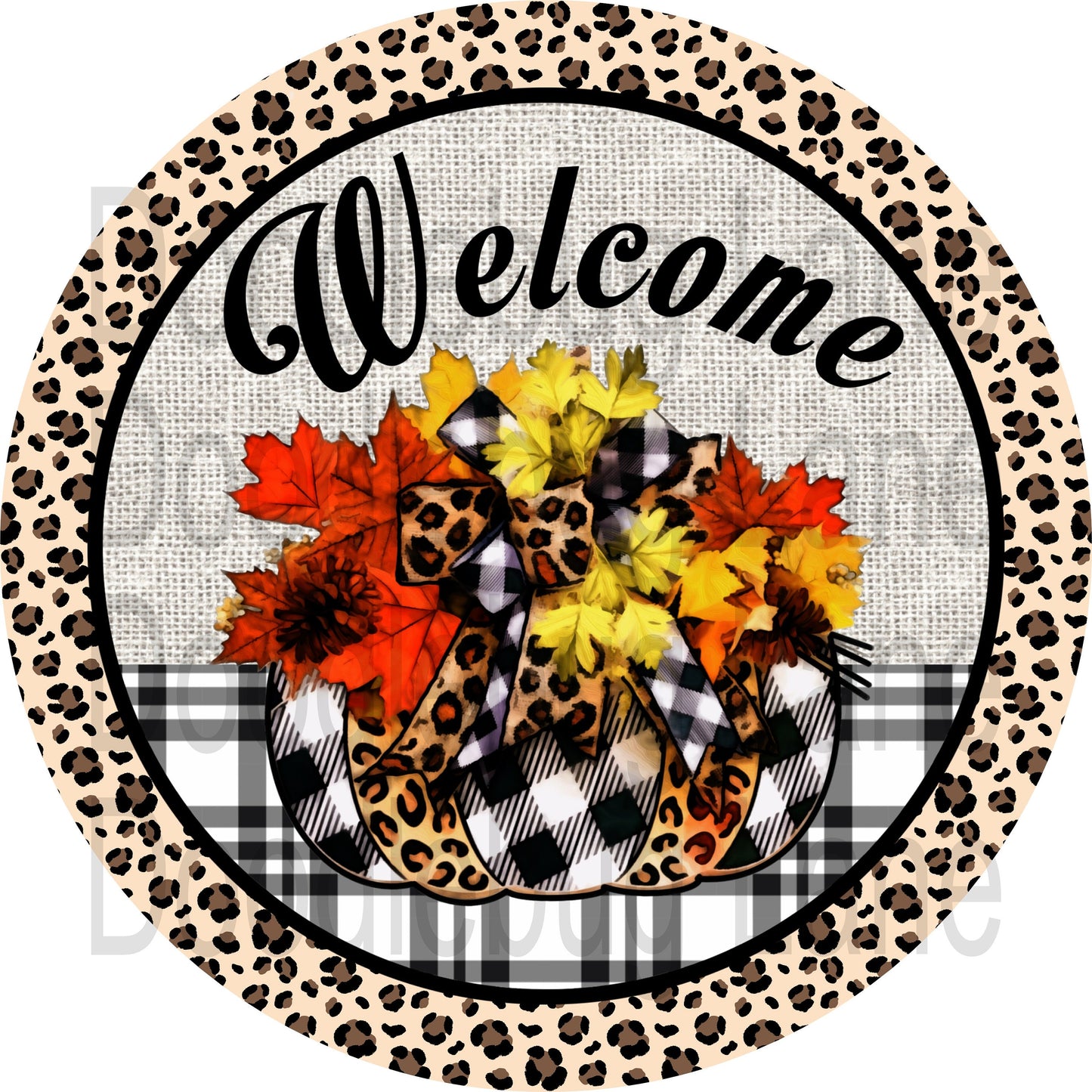 Fall Wreath Sign - Leopard Print Pumpkin - Welcome Wreath Sign - Fall Welcome Sign - Round Sign - Metal Wreath Sign