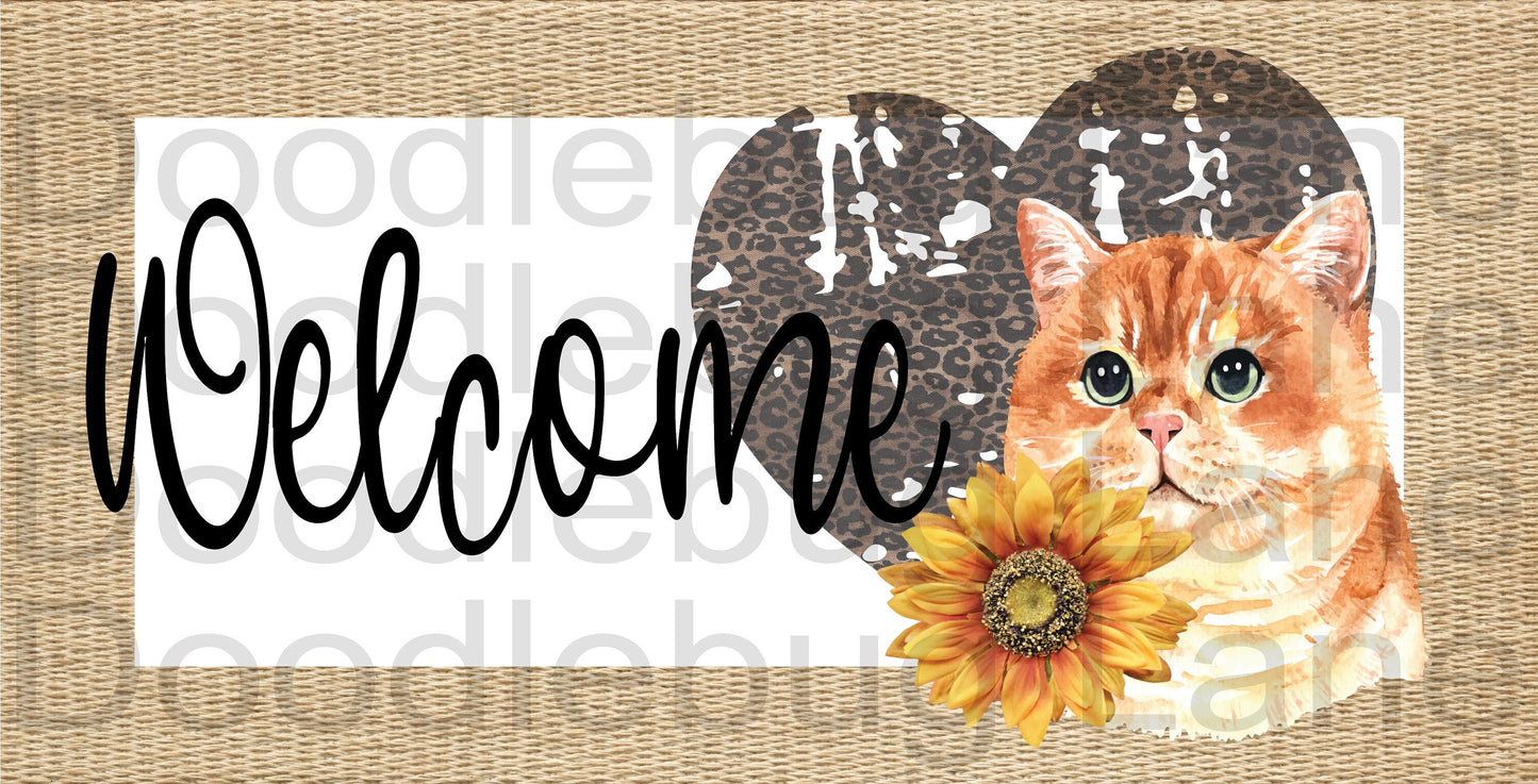 Welcome Wreath Sign-Tabby Cat Sign-Pet Sign-Cat Wreath Sign-Rectangle Sign-Metal Wreath Sign-Leopard Print-Sunflower