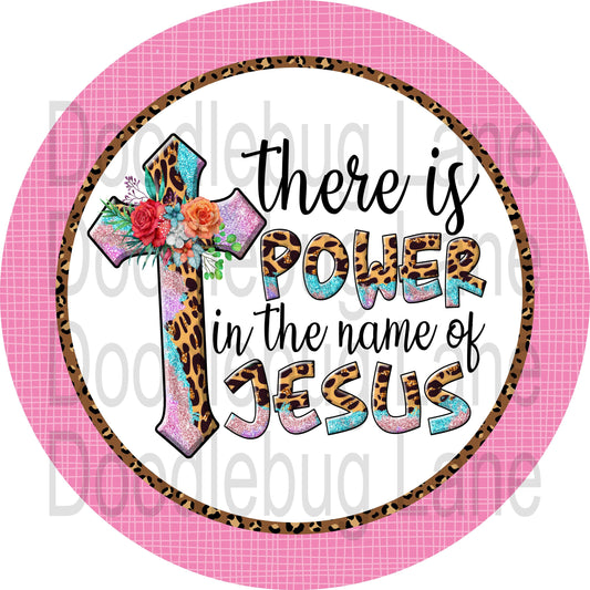 Inspirational Wreath Sign-Power In The Name Of Jesus-Cross Sign-Leopard Print-Pink And Blue-Round Sign-Metal Wreath Sign