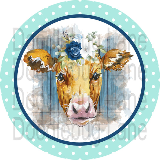 Farmhouse Wreath Sign-Cow With Blue Flower And Blue Polka Dots-Cow Sign-Farm Animals-Round Sign-Metal Wreath Sign