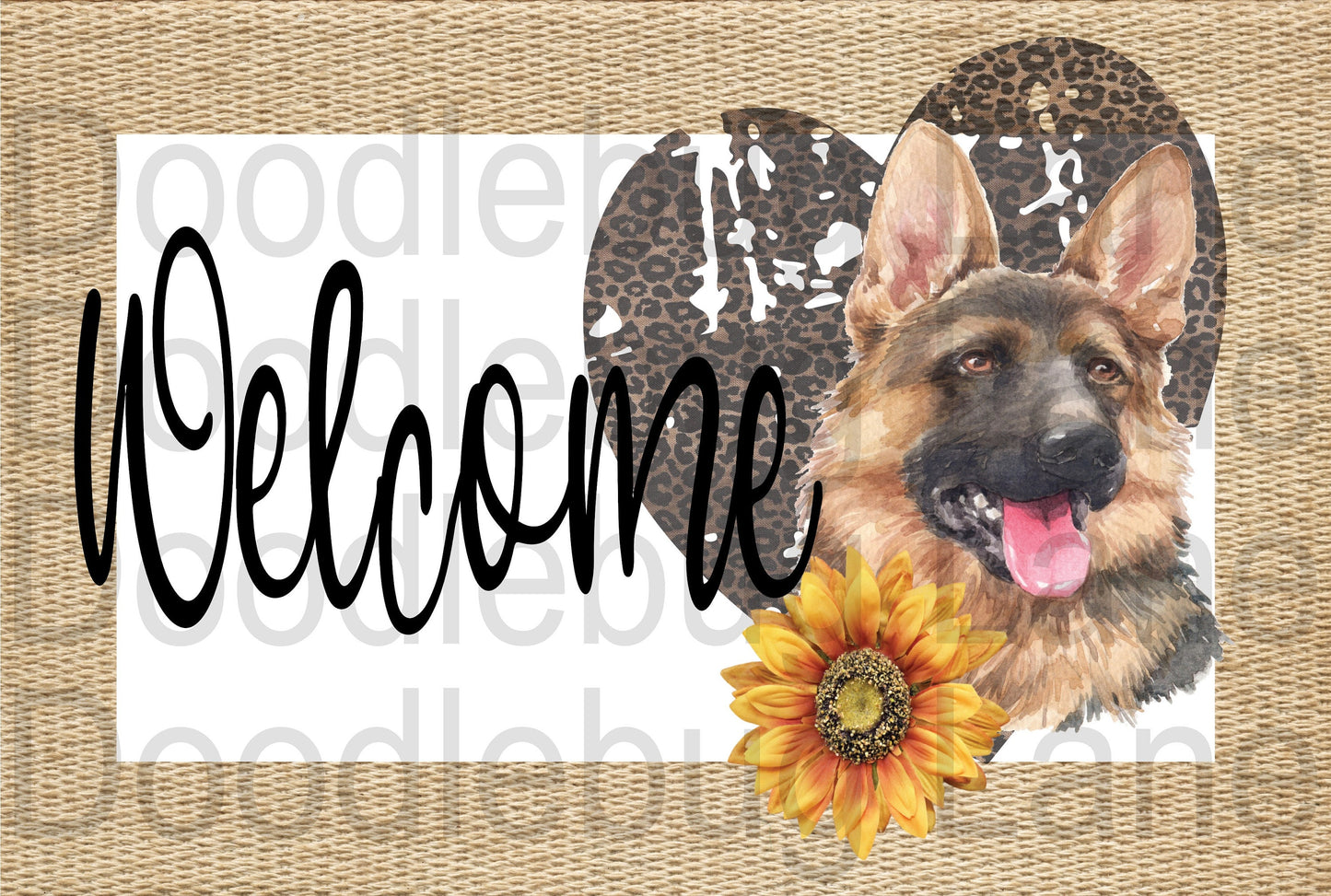 Welcome German Shepherd Wreath Sign-Welcome Sign-Leopard Print Heart-Sunflowers-Rectangle Sign-Metal Wreath Sign