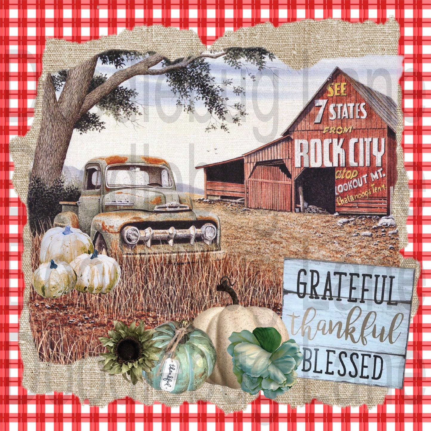 Grateful Thankful Blessed-Vintage Truck-Vintage Barn-Pumpkin Sign-Fall Sign-Metal Wreath Sign-Square Sign