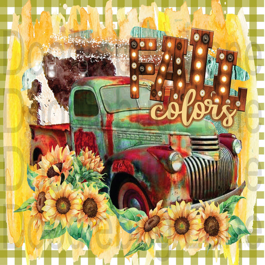 Fall Colors-Vintage Truck-Sunflower Sign-Truck Sign-Lime Green Gingham-Metal Wreath Sign-Square Sign