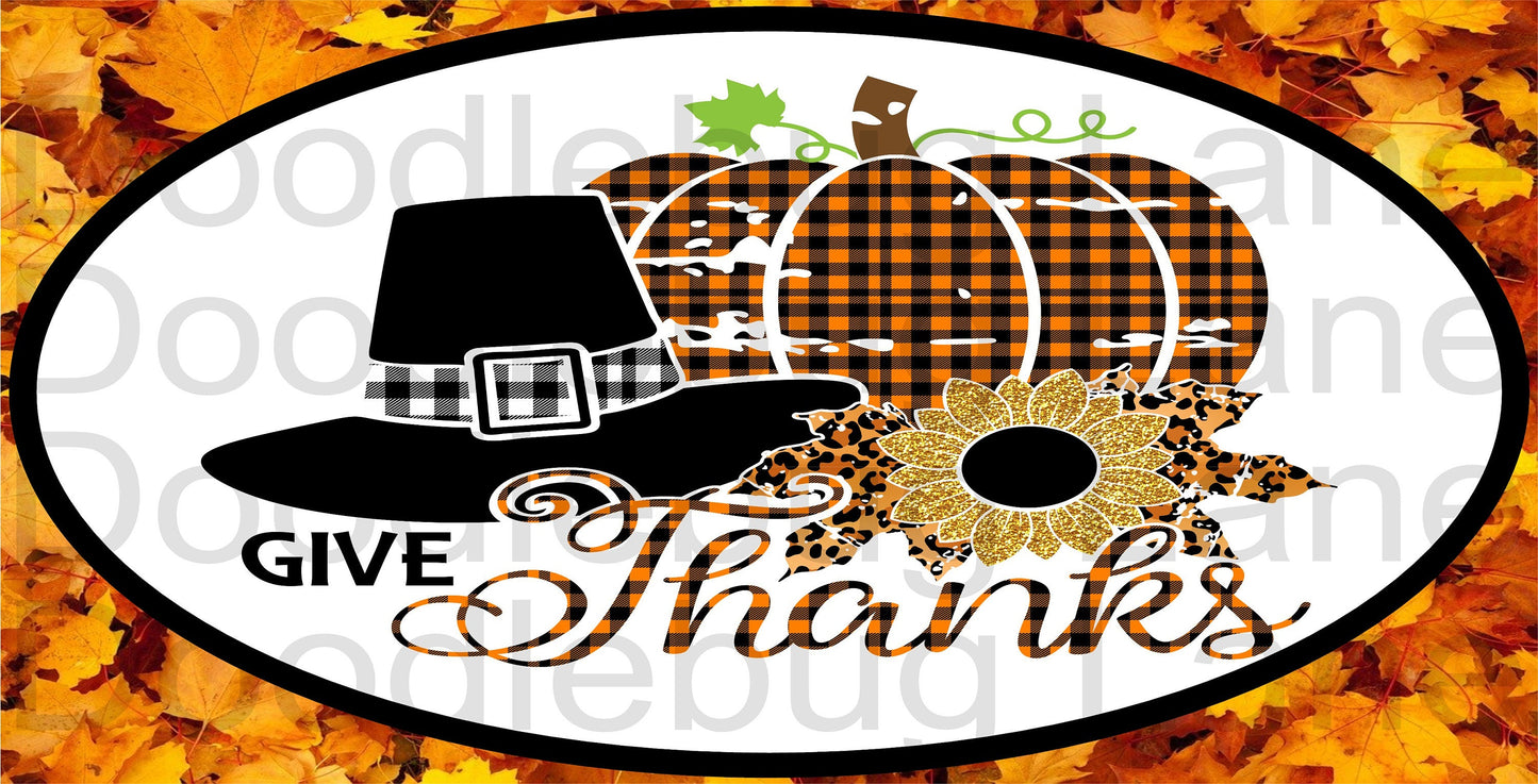 Fall Wreath Sign-Thanksgiving Sign-Give Thanks-Pumpkins-Pilgrim Hat-Fall Leaves-Metal Wreath Sign-Rectangle Sign