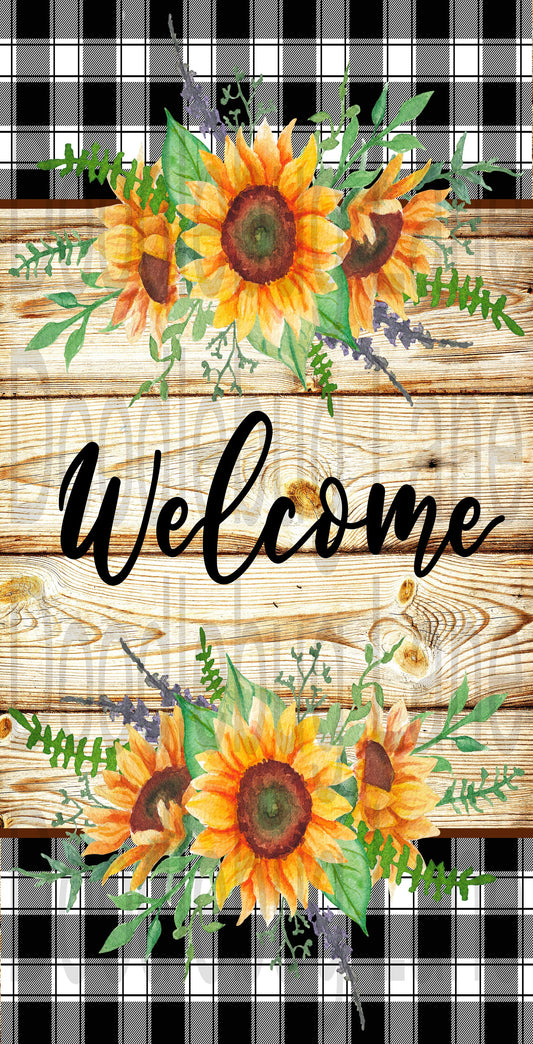 Sunflower Wreath Sign-Welcome Sign-Black And White Plaid-Rectangle Sign-Sunflower Sign-Metal Wreath Sign