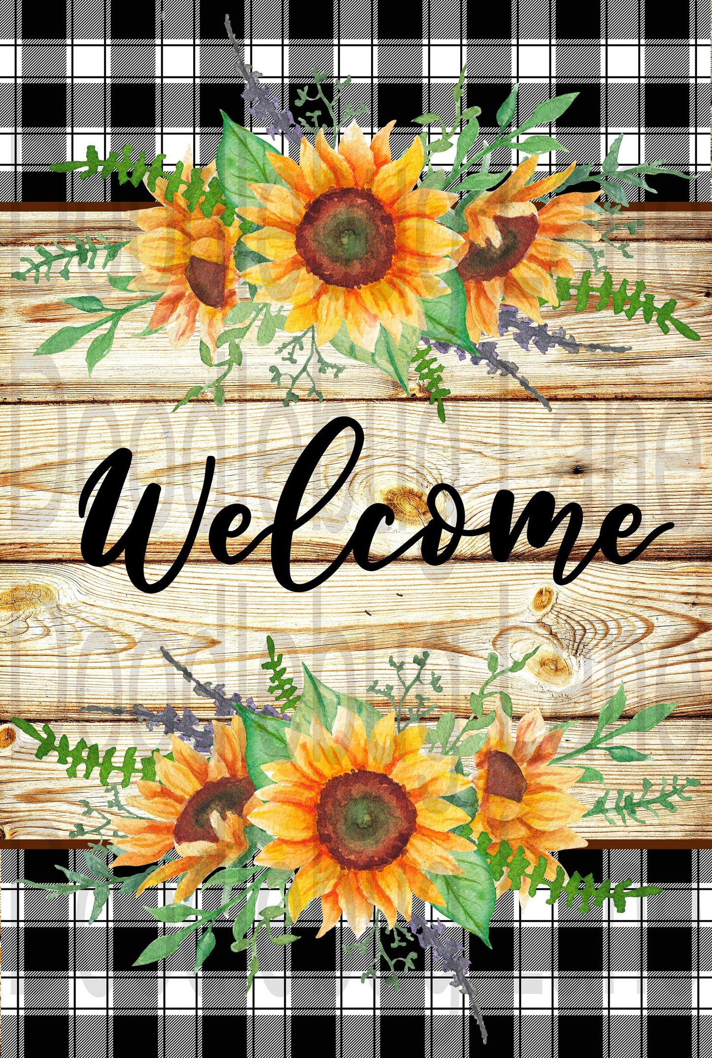 Sunflower Wreath Sign-Welcome Sign-Black And White Plaid-Rectangle Sign-Sunflower Sign-Metal Wreath Sign