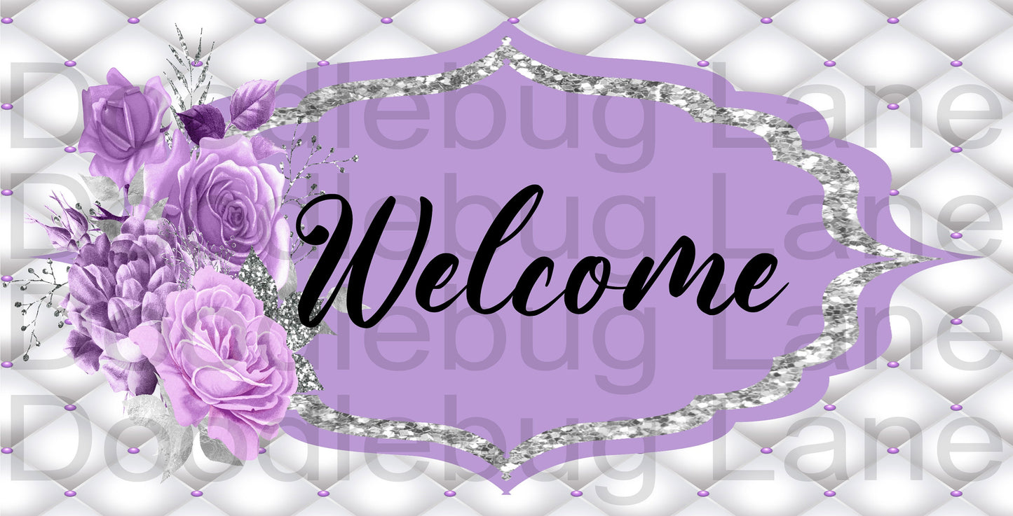 Welcome Wreath Sign-Lavender Roses-Faux Glitter-Metal Wreath Sign-Rectangle Sign-Welcome Sign