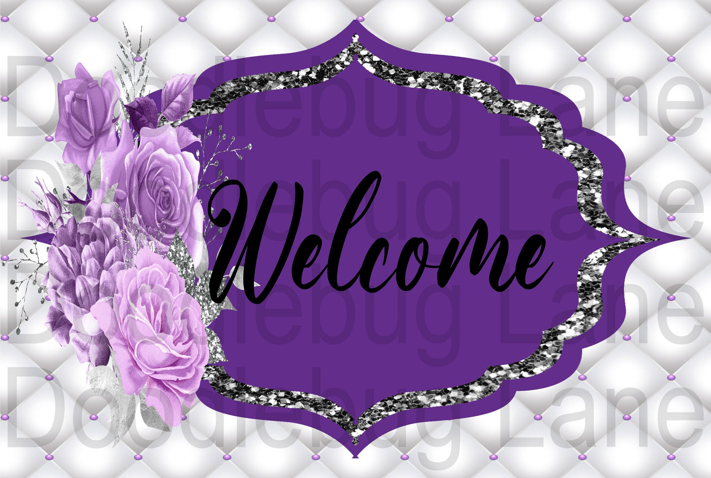 Welcome Wreath Sign-Lavender And Purple-Lavender Roses-Faux Silver Glitter-Metal Wreath Sign-Rectangle Sign