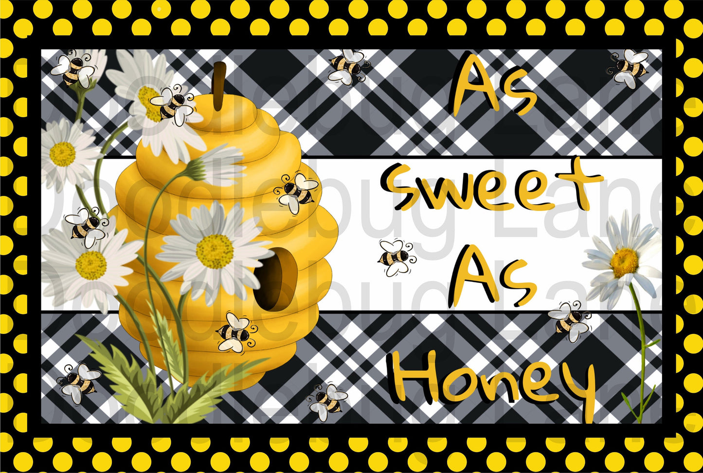 Bee Wreath Sign-Bee Hive-White Daisy-Black And White Plaid-Black And Yellow-Polka Dot-Rectangle Sign-Metal Wreath Sign