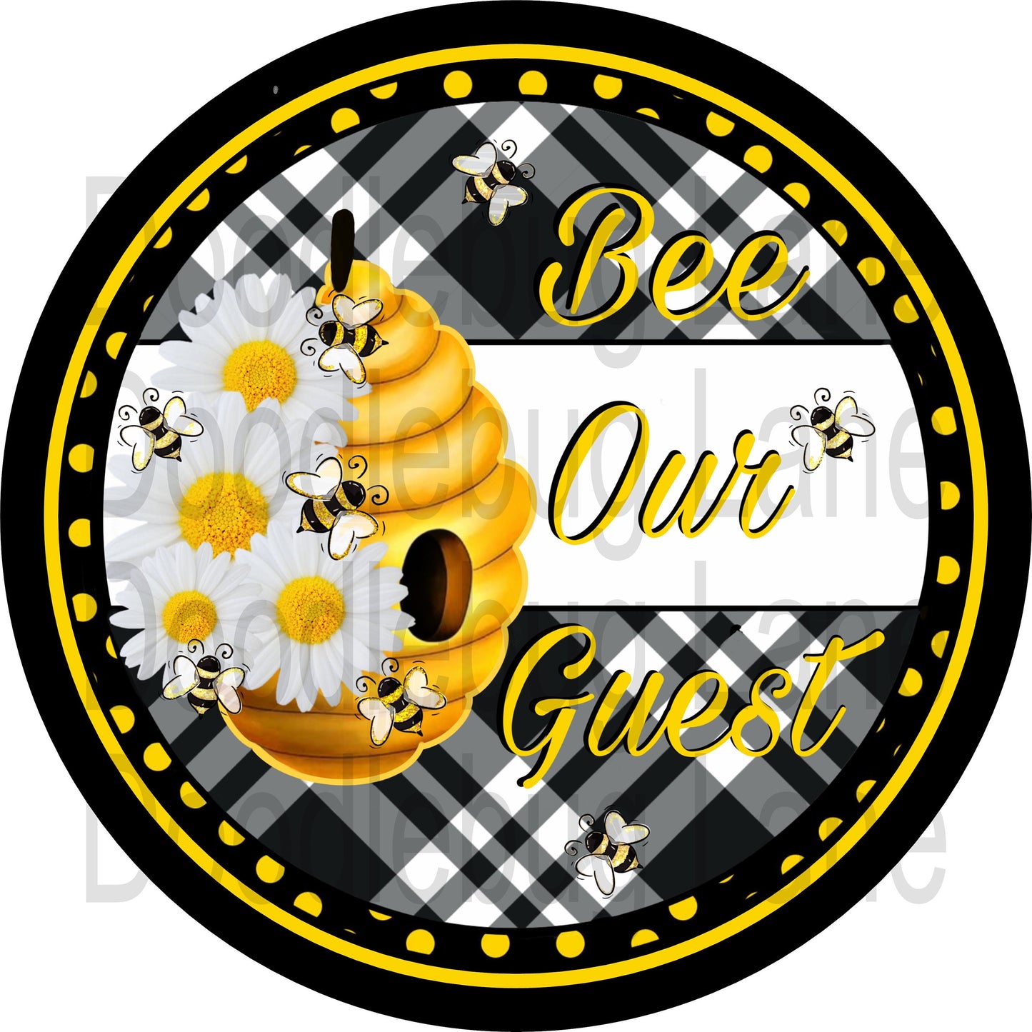 Bee Wreath Sign-Bee Our Guest-Bee Hive-White Daisies-Metal Wreath Sign-Round Sign-Black And Yellow-Plaid And Polka Dot