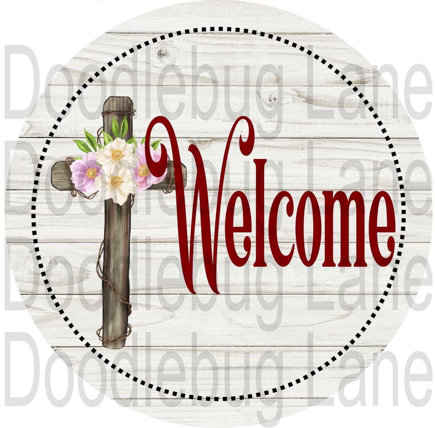 Welcome Wreath Sign-Wooden Cross-Welcome Sign-Pink And White Flowers-Round Sign-Metal Wreath Sign-Religous Sign