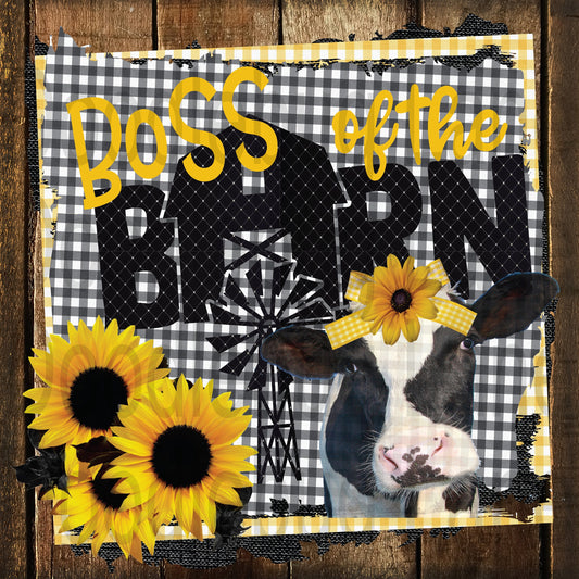 Farmhouse Wreath Sign-Farm Scene-Barn-Sunflowers-Windmill-Cow Sign-Boss of the Barn-Metal Wreath Sign-Black And Yellow