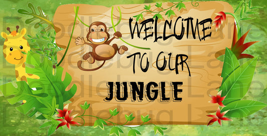 Welcome to our Jungle - Animal decor - Monkey- Giraffe - Welcome sign - Rectangle Sign-Zoo Animals-Metal Wreath Sign