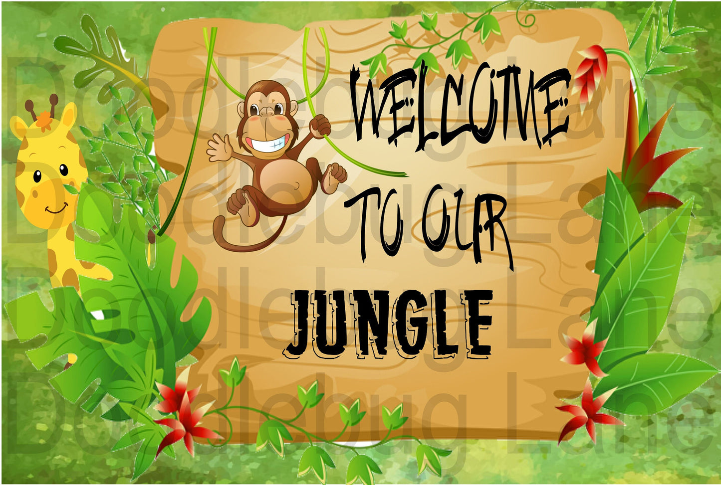 Welcome to our Jungle - Animal decor - Monkey- Giraffe - Welcome sign - Rectangle Sign-Zoo Animals-Metal Wreath Sign