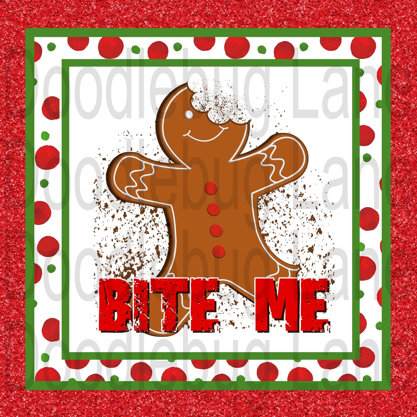 Christmas Wreath Sign-Bite Me-Gingerbread Man-Red And Green Polka Dot-Square Sign-Metal Wreath Sign-Faux Glitter