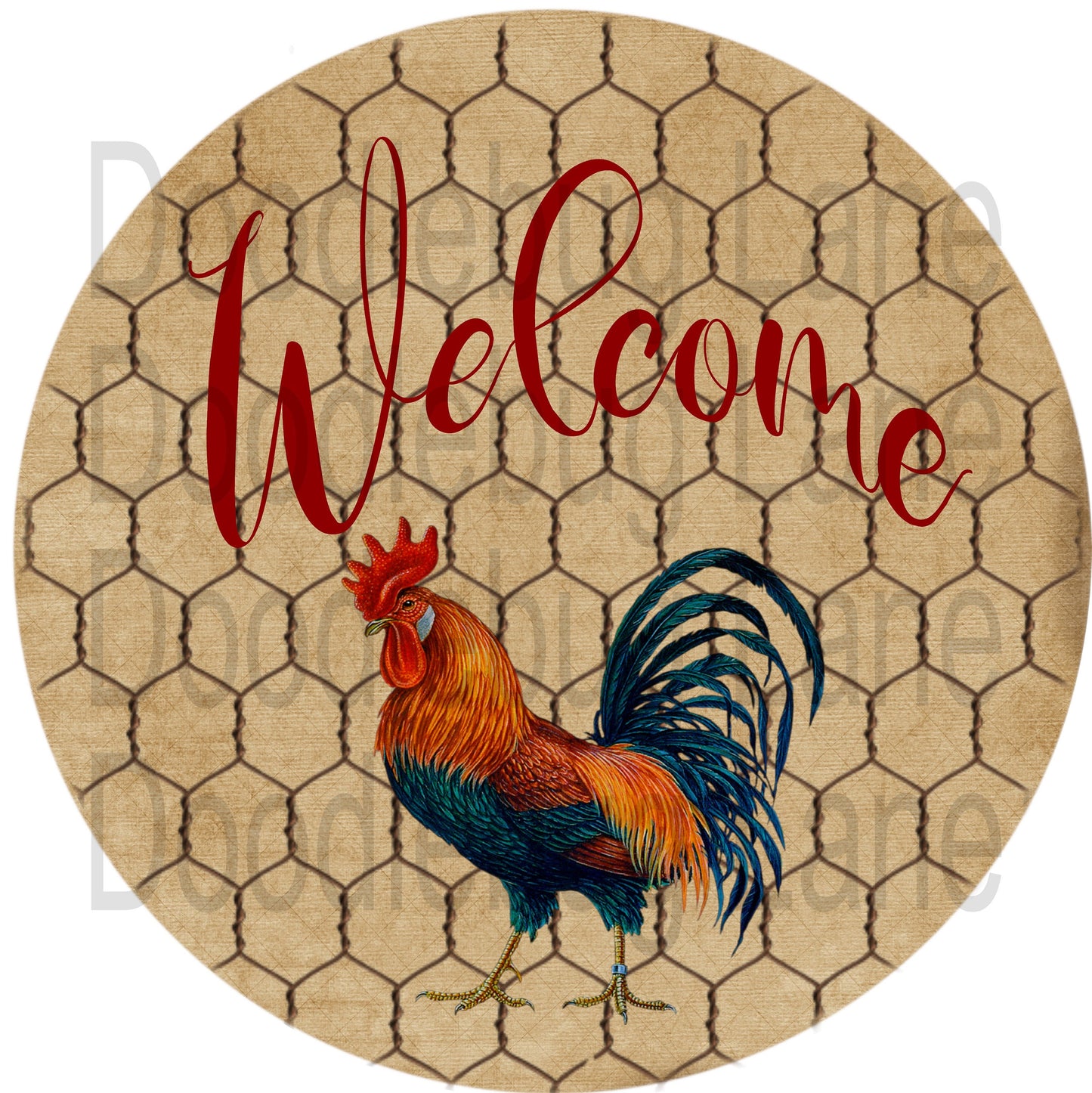 Welcome Wreath Sign-Rooster Sign-Welcome Rooster-Red Rooster-Chicken Wire-Round Sign-Metal Wreath Sign