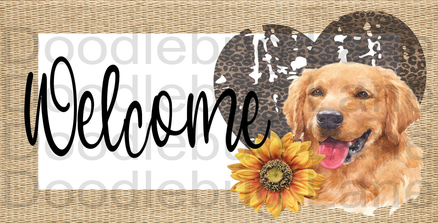 Welcome Wreath Sign-Golden Retriever-Dog Sign-Rectangle Sign-Metal Wreath Sign-Leopard Print Heart-Sunflowers