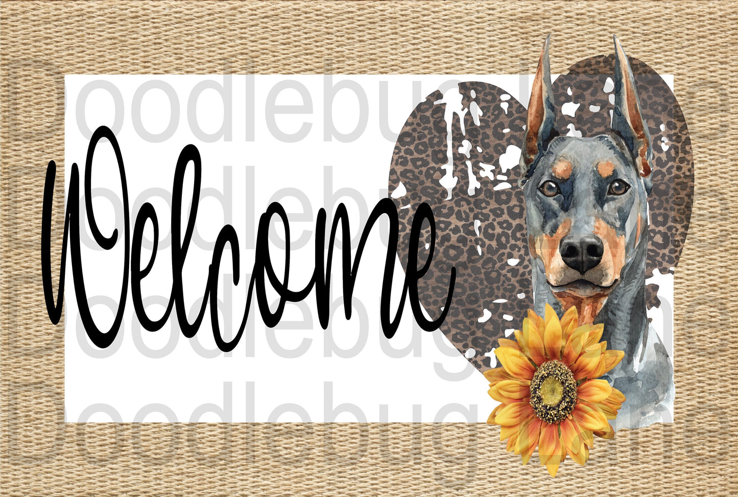 Welcome Wreath Sign-Doberman Sign-Pet Sign-Dog Sign-Leopard Print Heart-Sunflowers-Metal Wreath Sign-Rectangle Sign