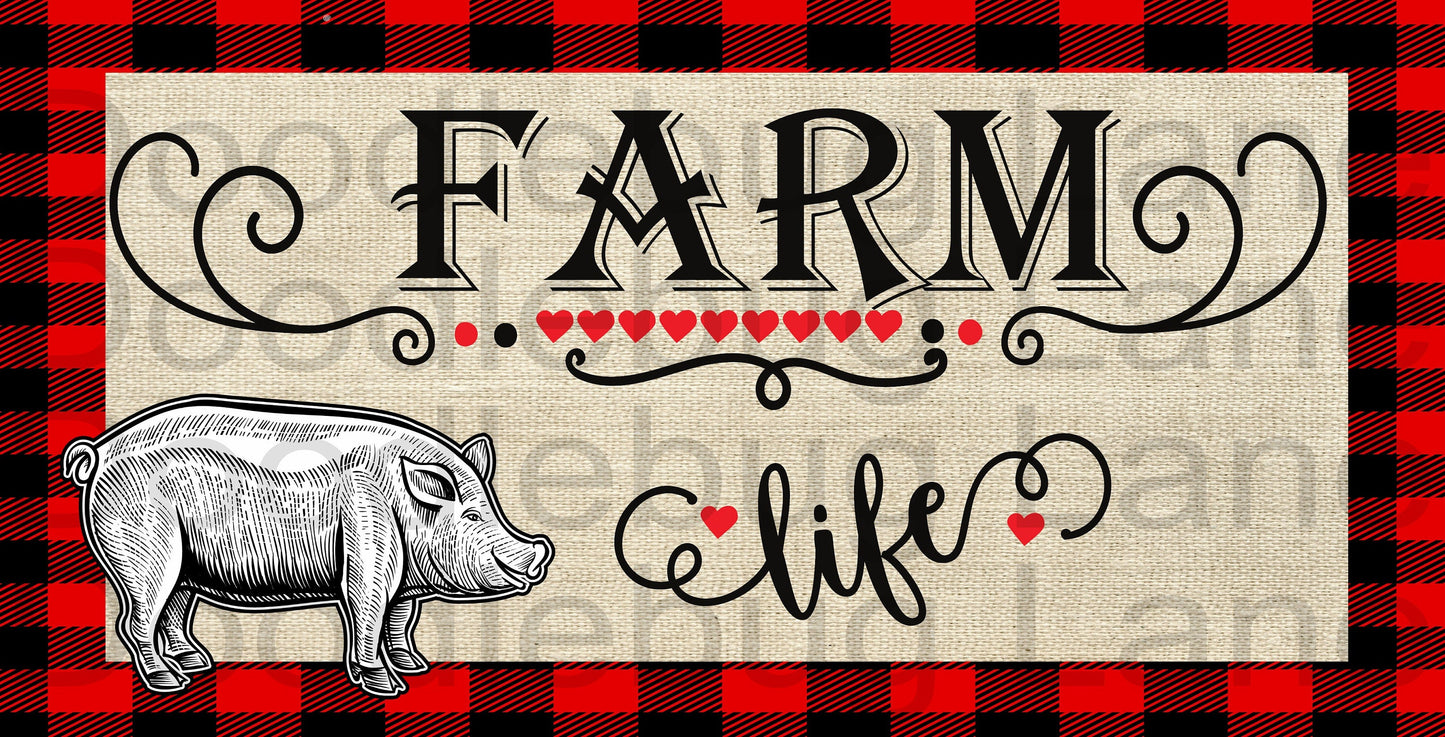 Farmhouse Wreath Sign-Farm Life-Pig Sign-Red And Black Plaid-Farm Animals-Metal Wreath Sign-Rectangle Sign