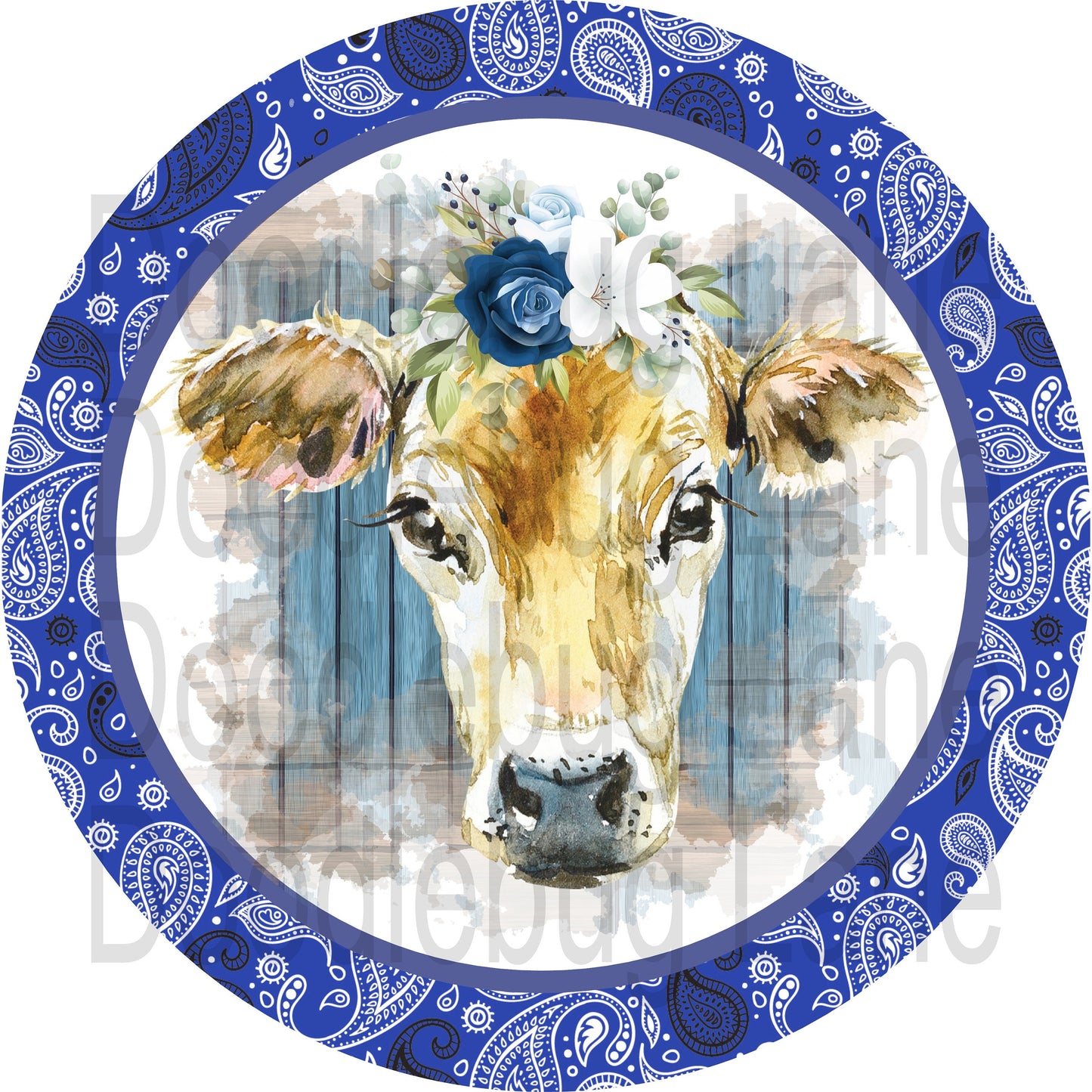 Farmhouse-Cow With Blue Flower And Blue Bandana-Farmhouse Wreath Sign-Cow Sign-Metal Wreath Sign-Round Sign