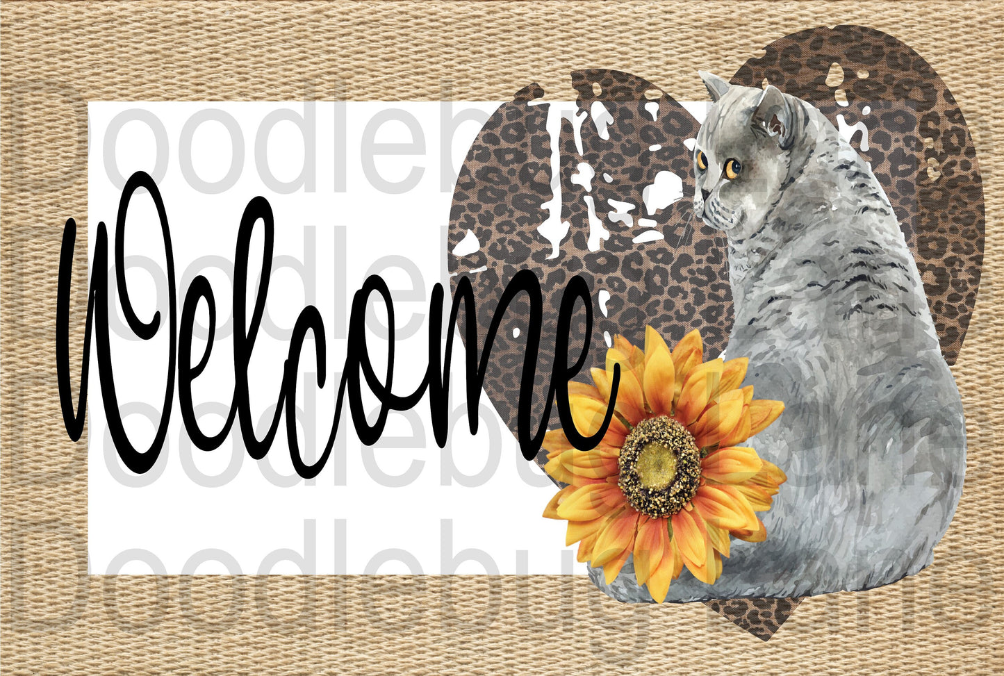 Cat Wreath Sign-Gray Cat-Welcome Sign-Metal Wreath Sign-Pet Sign-Leopard Print Heart-Sunflowers-Rectangle Sign