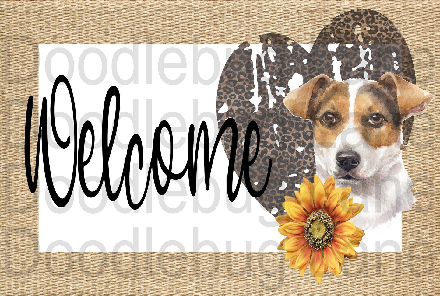 Welcome Jack Russell Wreath Sign-Welcome Sign-Dog Sign-Leopard Print Heart-Sunflowers-Metal Wreath Sign-Rectangle Sign